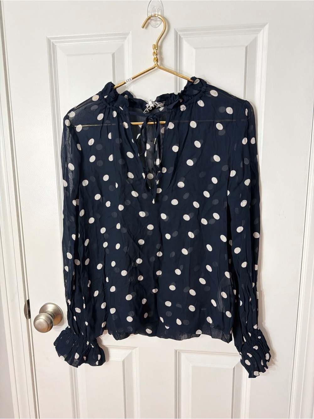 Ganni Navy Polka Dot Ruffle-Neck Blouse